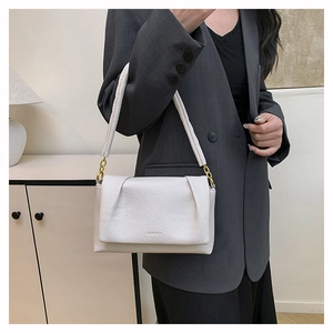 Detailed close-up of beige square crossbody bag with fine litchi texture and pleat design