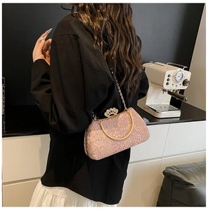 Vue latérale d'un sac de soirée en dentelle rose avec fermoir couronne porté par un mannequin