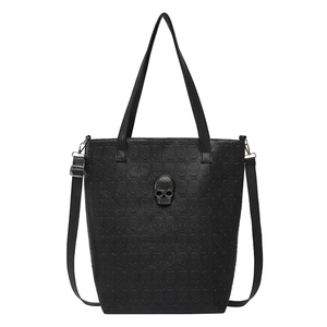 Gothic black skull embossed tote bag with 3D skull hardware and adjustable strap