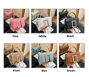 Collage of leather handbags with large metal buckles in pink, white, black, and khaki colors