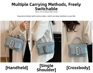 Pale blue textured handbag shown in three ways: handheld, shoulder, and crossbody style