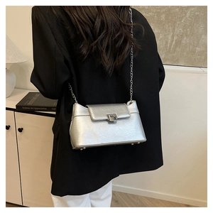 Détail d'un sac à chaîne argenté avec texture craquelée vintage et fermoir métallique
