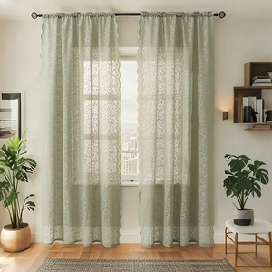 Floral Lace Curtains Hollow Out Translucent Polyester Scalloped Edge Pastoral Style Window Drapes For Bedroom Living Room