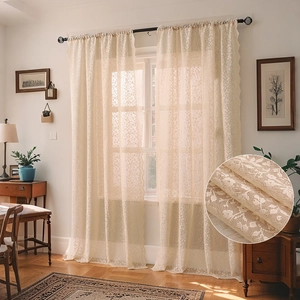 French Vintage Floral Lace Curtains Polyester Hollow Out Scalloped Sheer Window Panels For Living Room Bedroom Rod Pocket