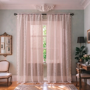 Pastoral Style Lace Floral Curtain Hollow Out Sheer Voile Window Drapery With Scalloped Edges For Living Room Bedroom Home Decor