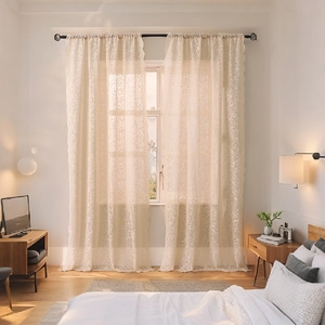 Elegant semi-transparent white lace curtains with hollow floral pattern for living room