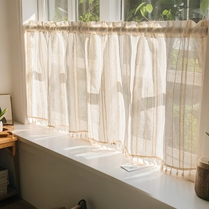 Japanese Style Linen Blend Tassel Door Curtain Vertical Stripes Rod Pocket Semi-Transparent Cafe Curtain For Home Decor
