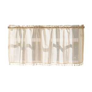 Modern minimalist beige linen cafe curtain with vertical stripes and small ball tassels