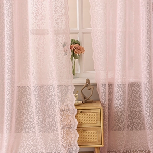 French cream style pink lace curtain with floral patterns for a cozy romantic bedroom