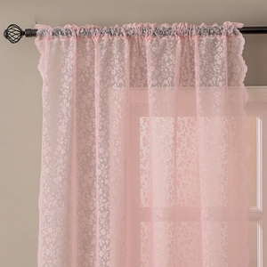 Pink floral lace sheer curtain with delicate embroidery and elegant wavy scalloped edges
