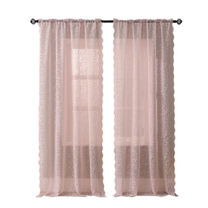 French cream style pink lace curtains with floral hollow pattern and scalloped edges