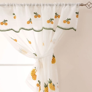 Sheer white lace cafe curtain with yellow cherry embroidery and green wavy trim border