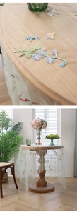 Detailed embroidery on light green mesh tablecloth with floral and letter patterns