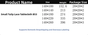 Size chart for tulip pattern lace tablecloth showing various dimensions and weights