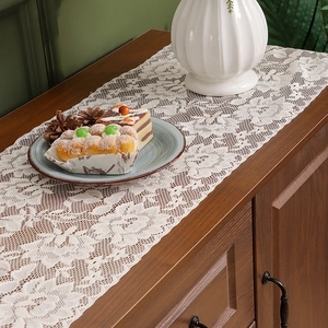 European vintage white lace table runner with floral embroidery and scalloped edges