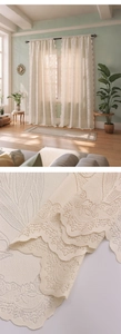 Detailed close-up of French tulip embroidered lace curtain with elegant scalloped edges