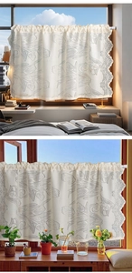 Detail of tulip printed lace curtain with hollow-out lace border and rod pocket design