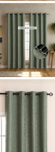 Detail of sage green 100% blackout curtain with leaf jacquard and silver metal grommets