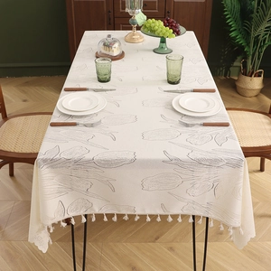 Lace rectangular tablecloth with tulip embroidery and decorative tassel edges