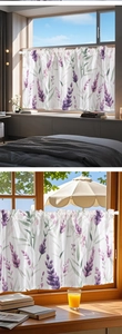 Detail of lavender floral print on sheer cafe curtain with top ruffled rod pocket design