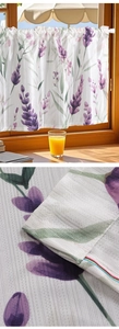 Detail of semi-transparent lavender print curtain with grid texture and rod pocket