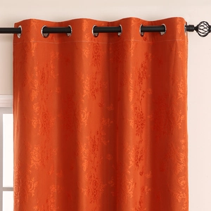 Bright orange blackout curtain with rose floral jacquard and silver metal grommet top