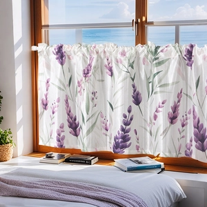 Pastoral lavender print sheer cafe curtain for windows with scenic ocean view