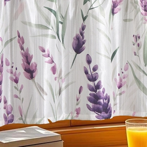 Pastel lavender floral printed cafe curtain hanging on a wooden window frame in a sunlit room