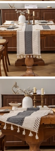 Close-up of bohemian woven table runner with two-tone tassels and geometric hollow patterns