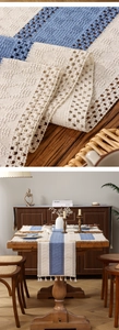 Detail of crochet table runner with blue stripes, hollow-out weaving and handmade tassels