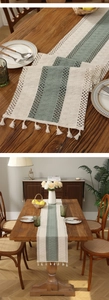 Detail of vintage striped table runner with intricate crochet lace and cotton tassels