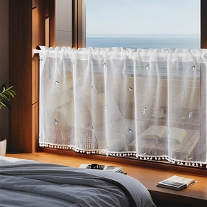 Polyester Cat Embroidery Cafe Curtains White Tulle Short Drapes With Pom Poms Rod Pocket For Kitchen Bedroom Windows