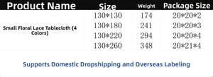 Detailed size chart for floral lace tablecloths featuring weights and dimensions in 4 sizes