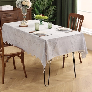 Modern minimalist table cloth with tulip floral embroidery and decorative tassels