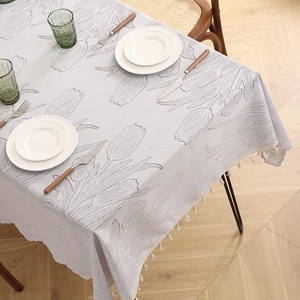 French retro light grey rectangular tablecloth with tulip floral patterns and fringe