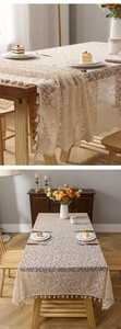 Close-up of beige lace tablecloth with floral embroidery and white fringe details