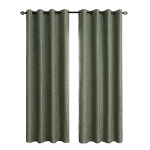 Pair of olive green blackout curtains with embossed floral texture and metal grommets