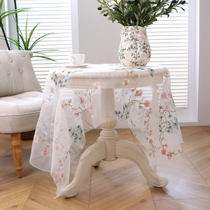 Exquisite mesh round tablecloth featuring pink cherry blossom and pine needle embroidery