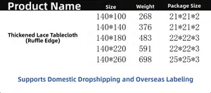 Size chart for thickened lace tablecloth with ruffle edges in five various dimensions