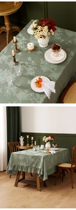 Close-up of vintage dark green lace tablecloth featuring floral patterns and ruffle edges