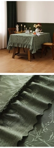 Close-up of vintage green lace tablecloth showing intricate hollow floral weaving and ruffled edges