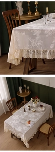Detailed macro view of cream lace tablecloth featuring ruffled edges and floral patterns