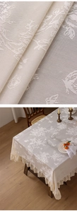 Dettaglio di tovaglia in pizzo francese vintage con motivi floreali e bordi a balze