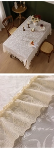 Detail of elegant lace tablecloth with vintage floral jacquard and ruffled lace edges