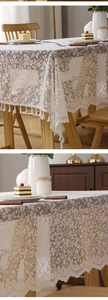 Close-up of white floral lace tablecloth featuring delicate hollow patterns and fringe trim