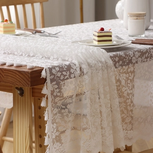 French Retro Floral Lace Tablecloth With Tassel Trim Polyester Rectangle Decorative Table Cover For Dining Room
