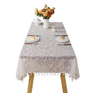 French style cream lace tablecloth with floral patterns and tassel edges for dining tables