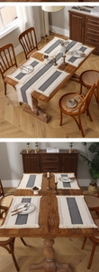 Dettaglio del runner da tavola boho in cotone con frange su un tavolo in legno rustico
