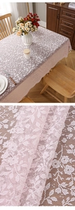 Close-up of pink floral lace tablecloth featuring fringe edges and detailed textures