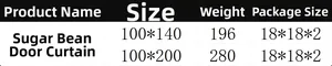 Size chart for Sugar Bean door curtain showing weight and dimensions for 140cm and 200cm lengths